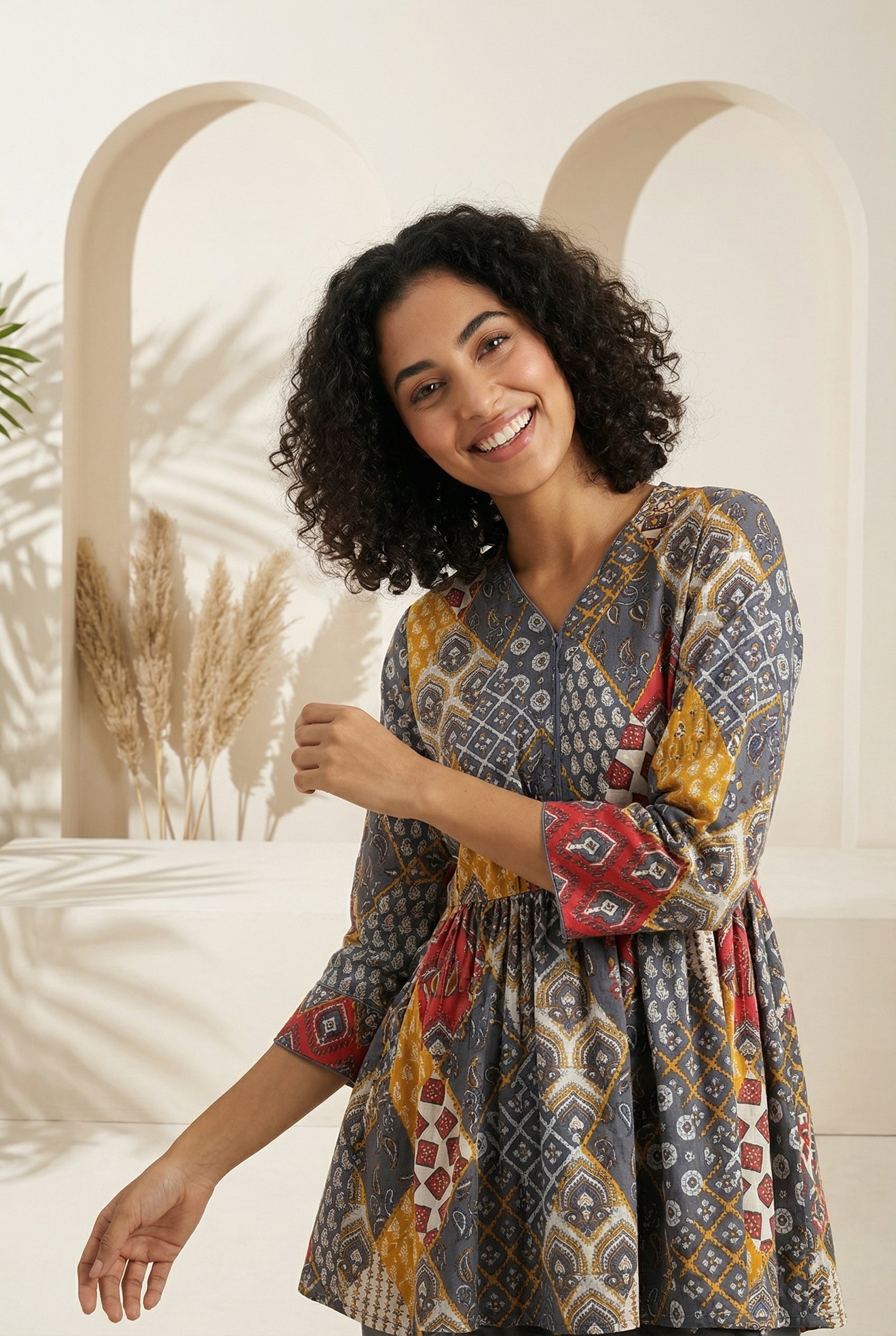 Grey V-Neck Geometric Print Pure Cotton Night Suit For Women