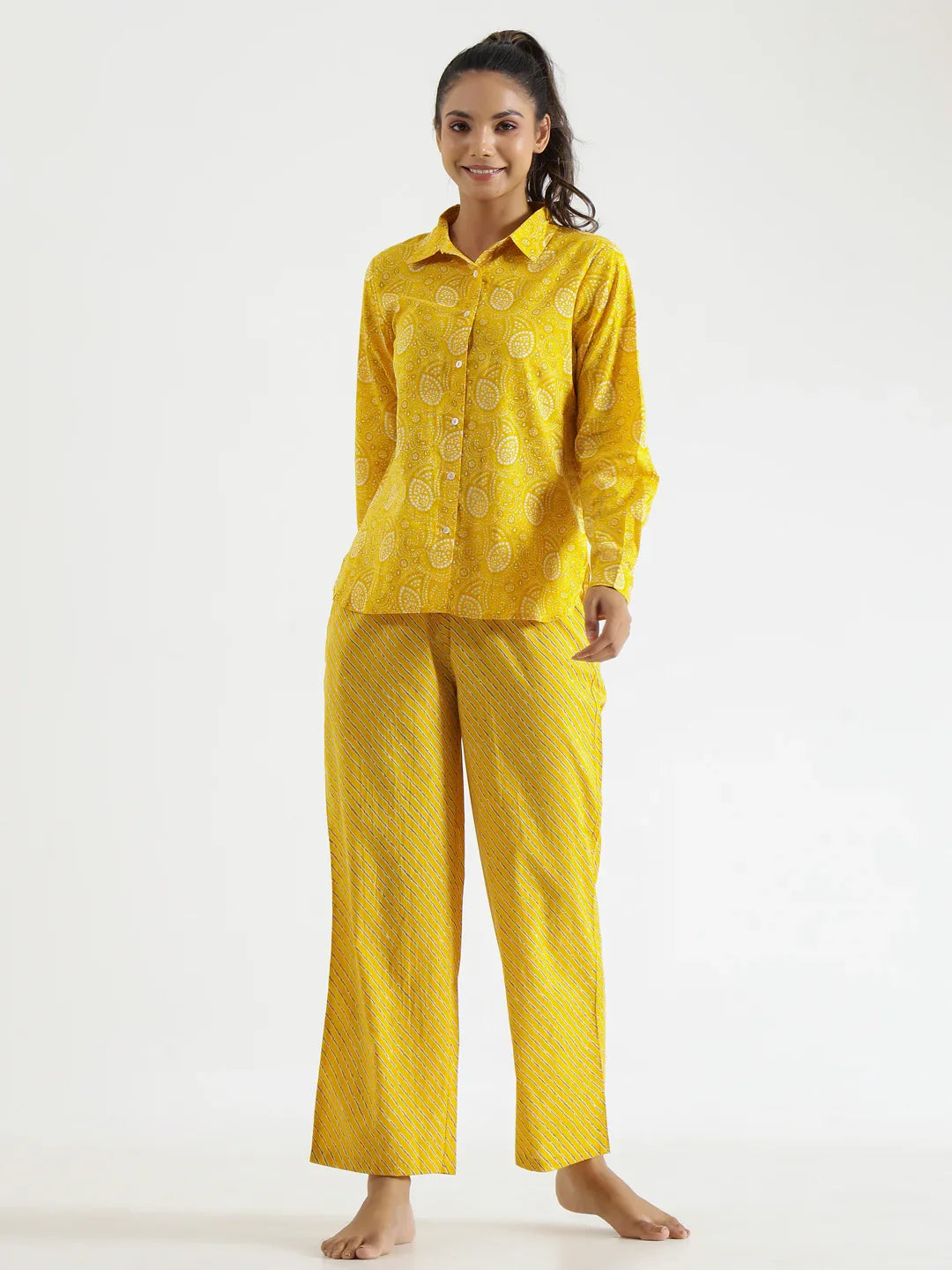 Yellow & White Printed Night suit - SanskrutiHomes