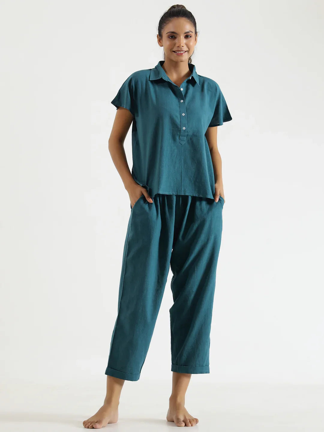 Teal solid Cotton Slub Night Suit - SanskrutiHomes