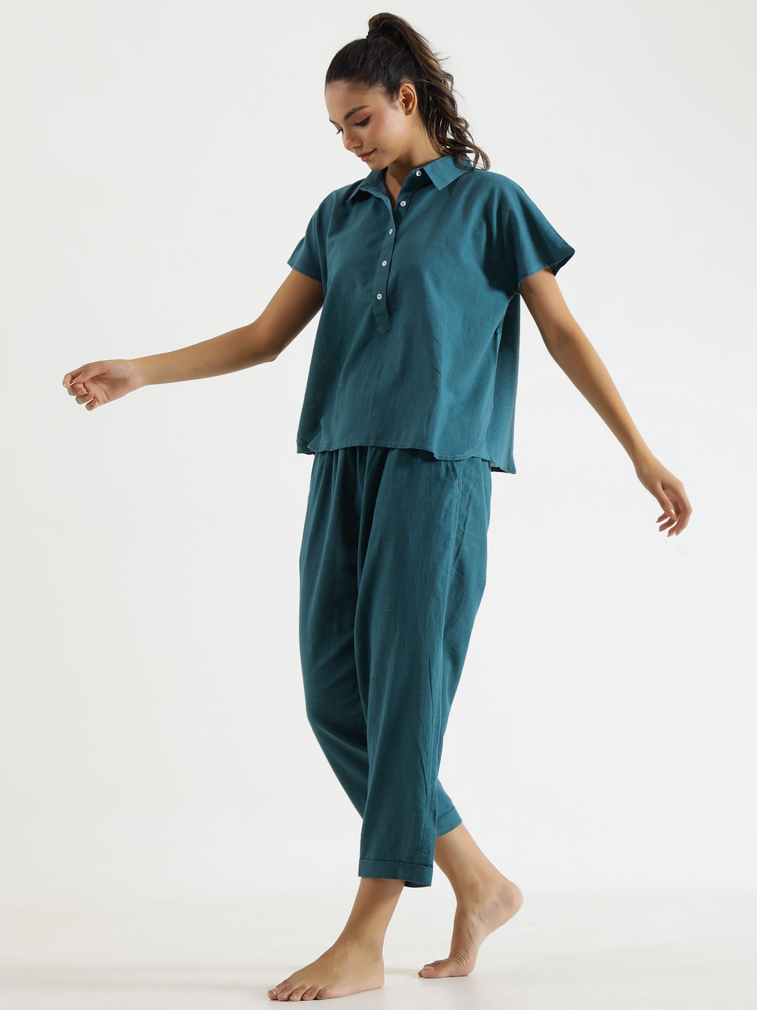 Teal solid Cotton Slub Night Suit - SanskrutiHomes
