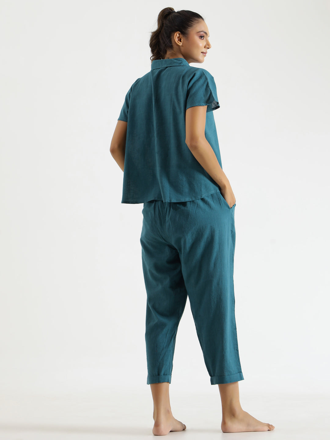 Teal solid Cotton Slub Night Suit - SanskrutiHomes