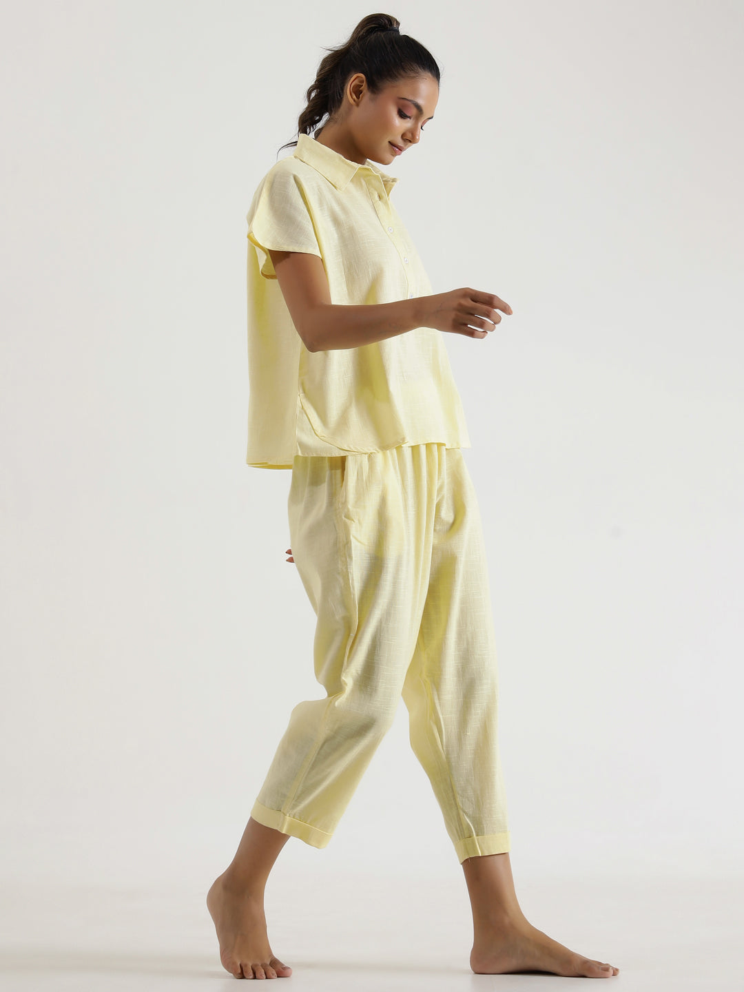 Lemon yellow solid Cotton Slub Night Suit - SanskrutiHomes