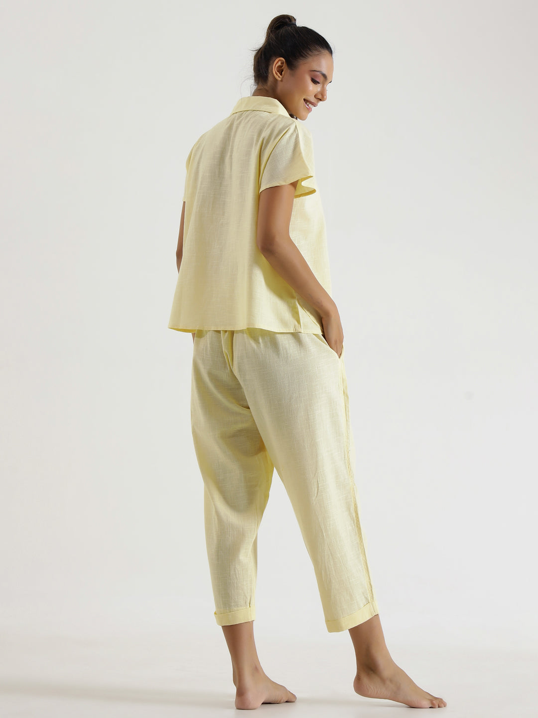 Lemon yellow solid Cotton Slub Night Suit - SanskrutiHomes