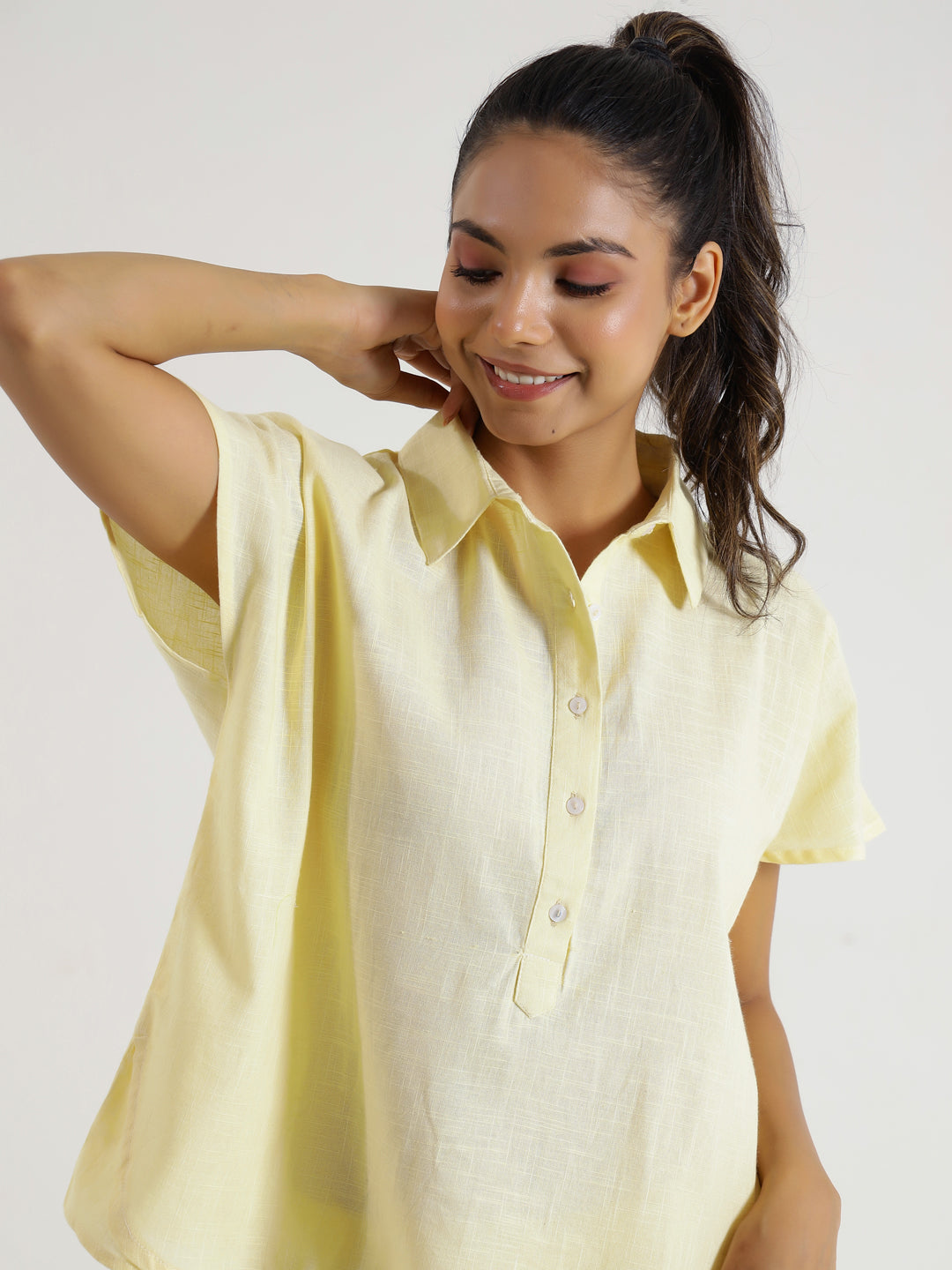 Lemon yellow solid Cotton Slub Night Suit - SanskrutiHomes
