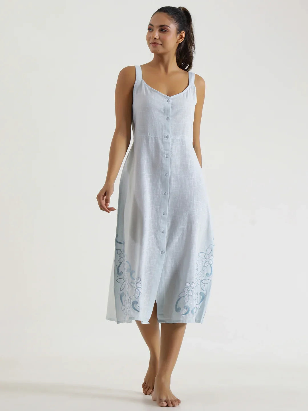 Solid powder Blue Cotton Night Dress - SanskrutiHomes
