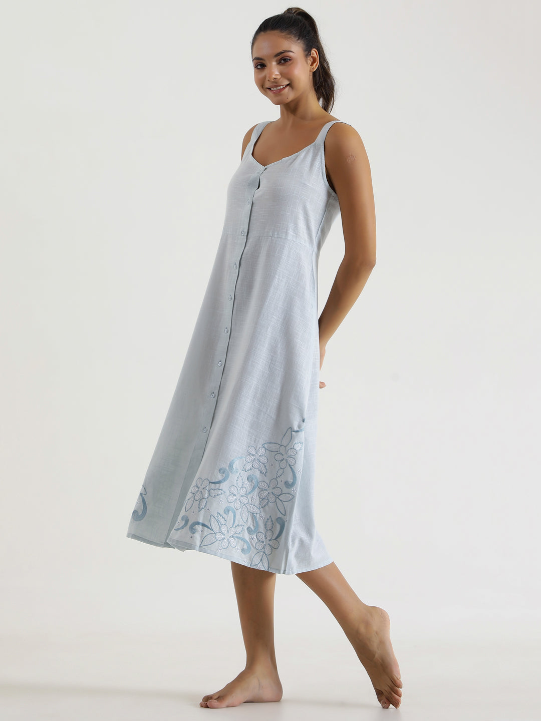 Solid powder Blue Cotton Night Dress - SanskrutiHomes