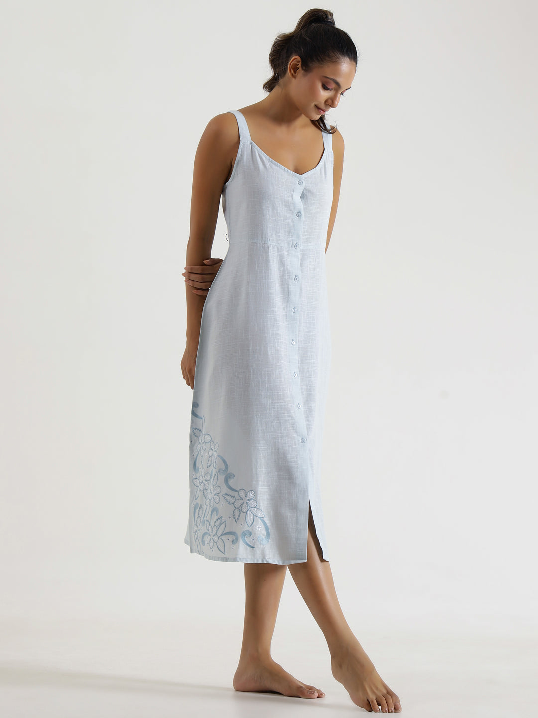 Solid powder Blue Cotton Night Dress - SanskrutiHomes