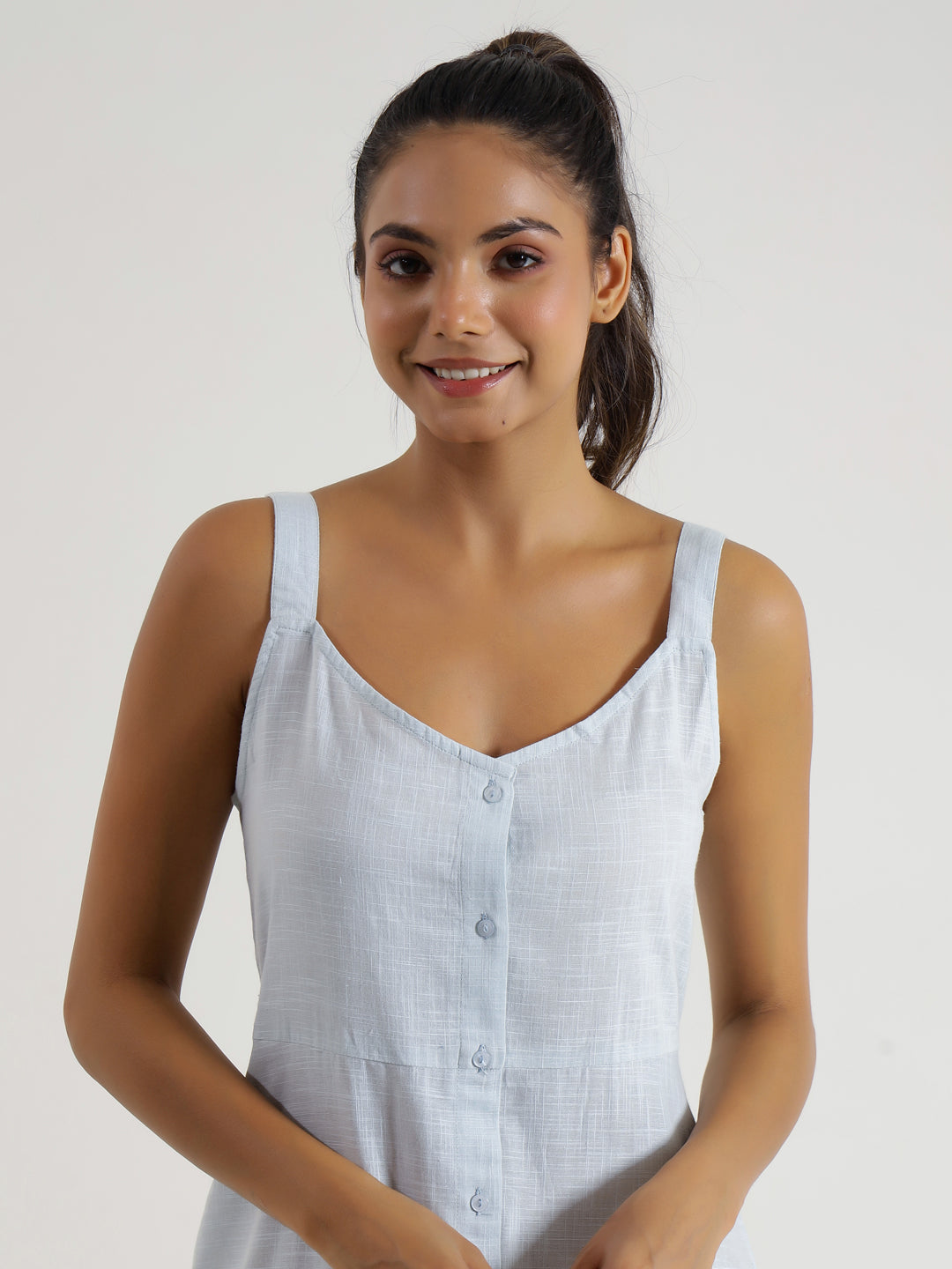 Solid powder Blue Cotton Night Dress - SanskrutiHomes