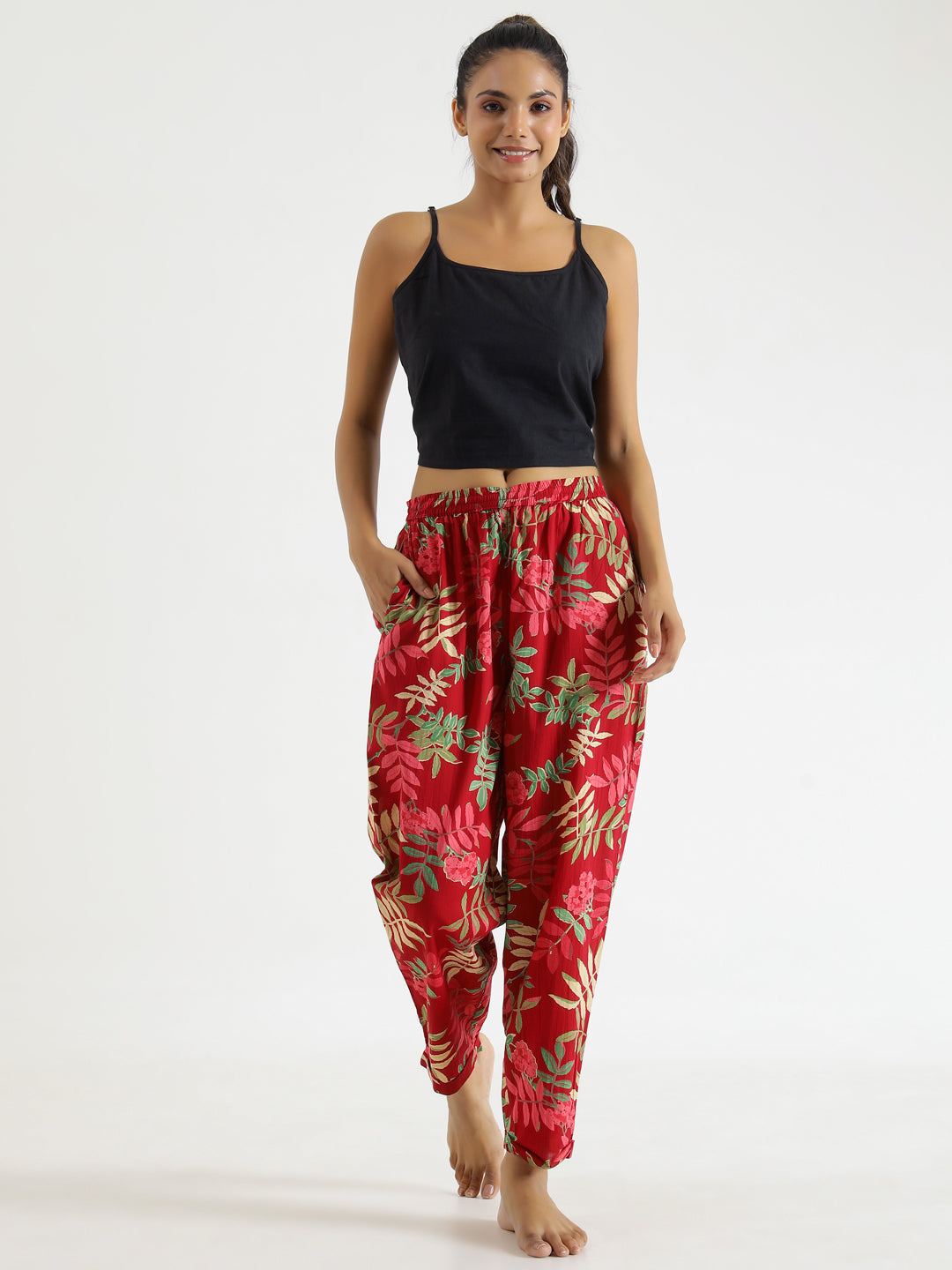 Red Floral Printed Pure Cotton Lounge Pants - SanskrutiHomes