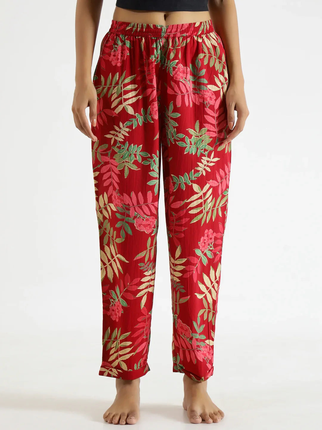 Red Floral Printed Pure Cotton Lounge Pants - SanskrutiHomes