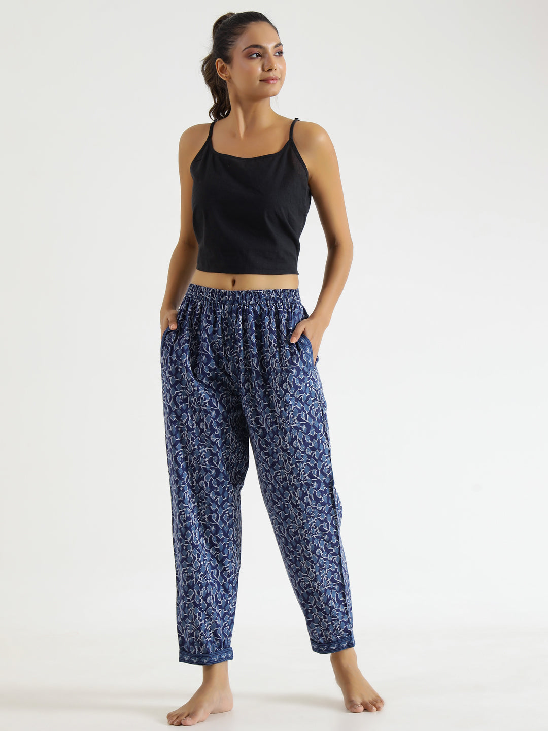 Navy Blue Abstract Print Mid Waist Lounge Pant For Women