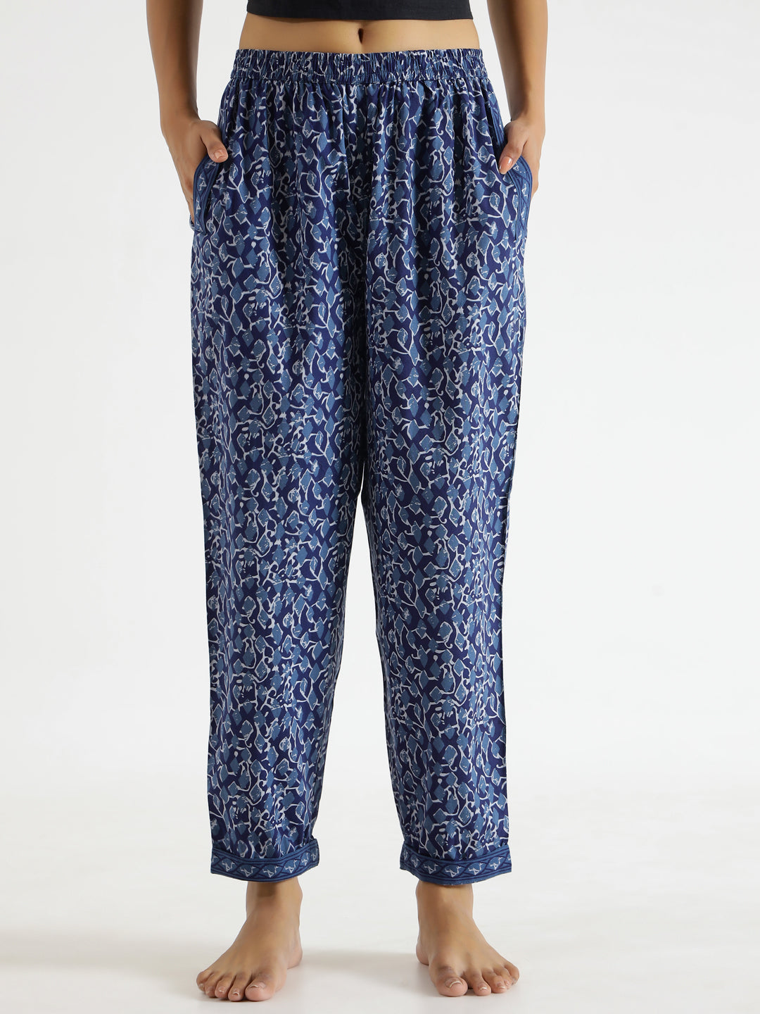 Navy Blue Abstract Print Mid Waist Lounge Pant For Women