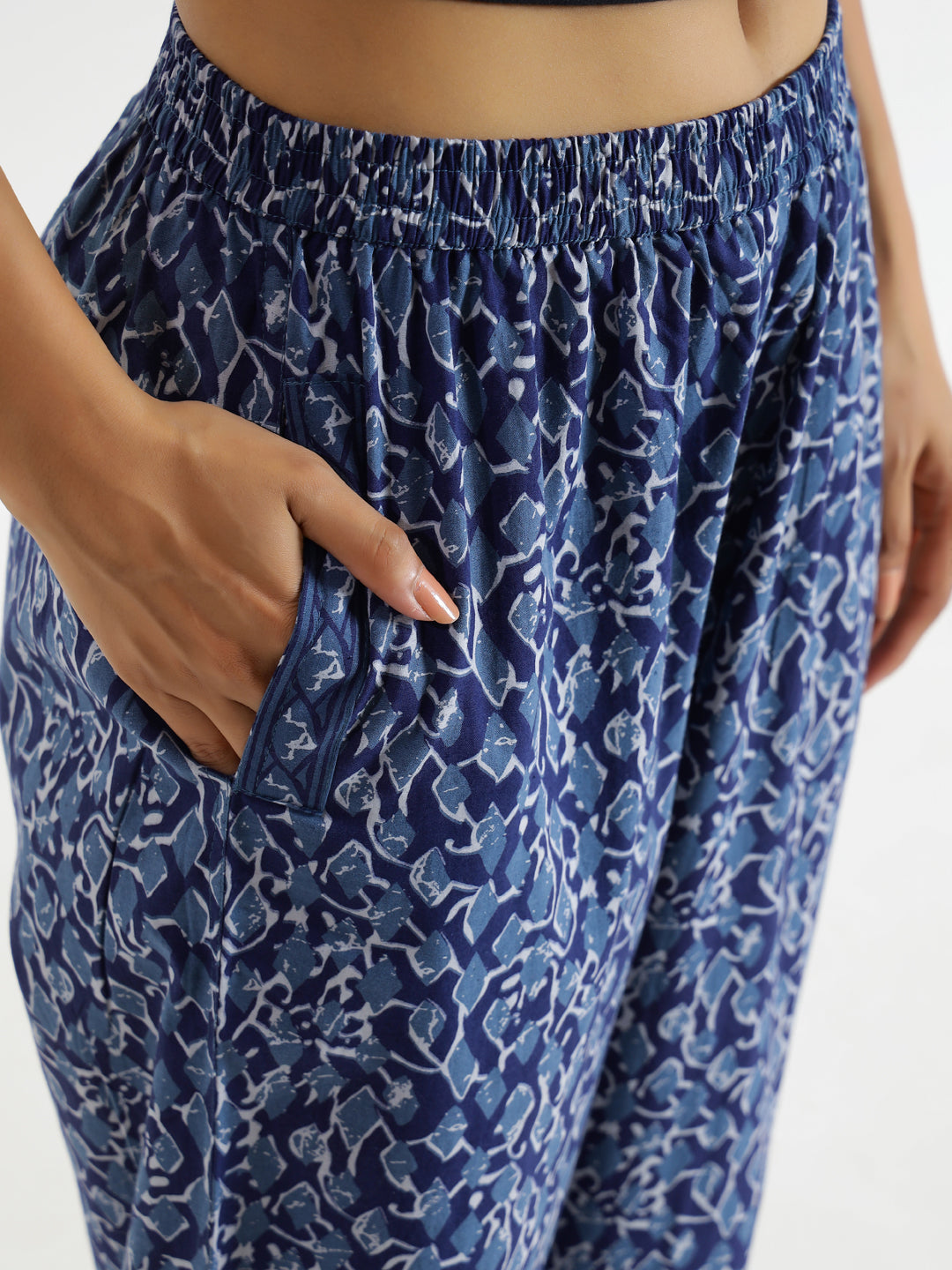 Navy Blue Abstract Print Mid Waist Lounge Pant For Women