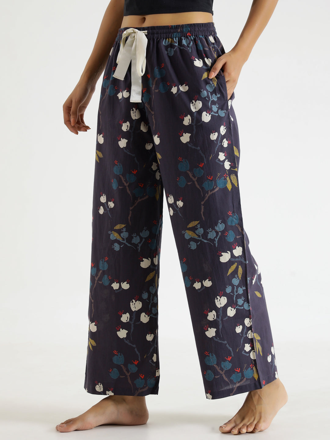 Blue Floral Print Mid Waist Lounge Pant for Women