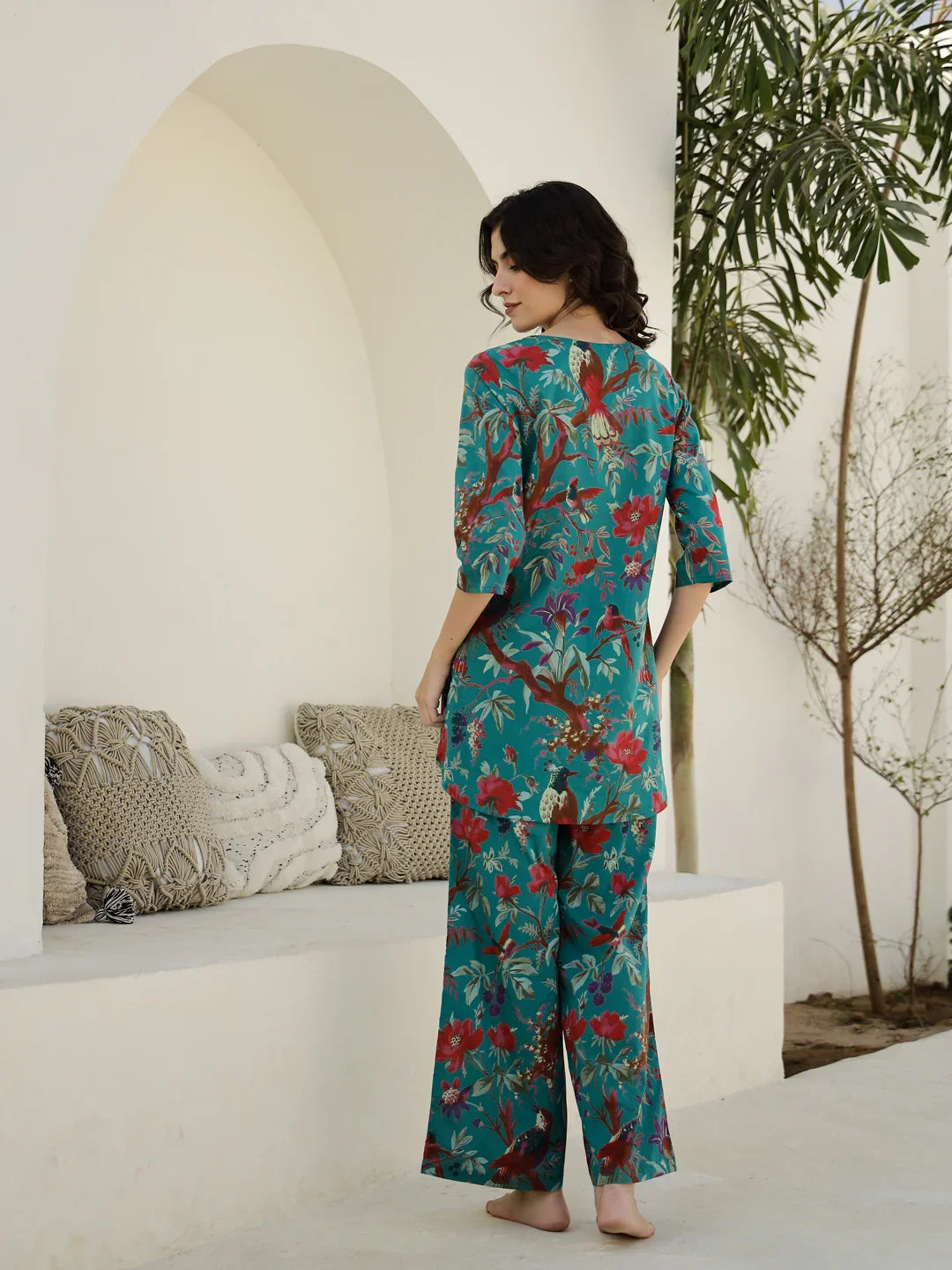 Green Floral Printed Night Suit Set - SanskrutiHomes