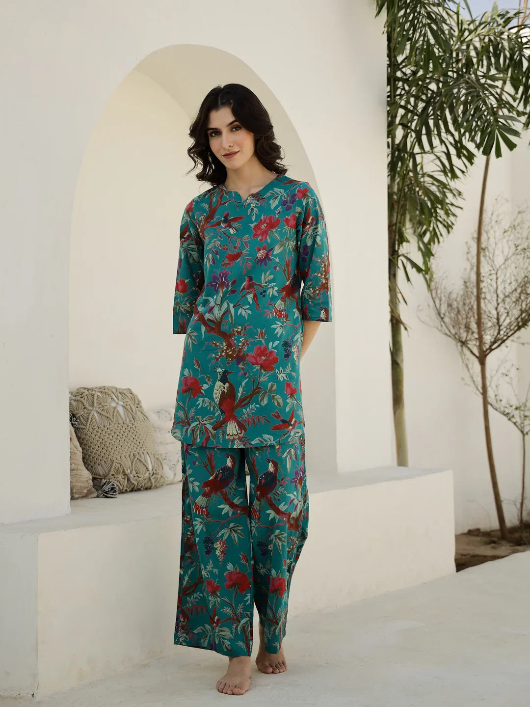 Green Floral Printed Night Suit Set - SanskrutiHomes