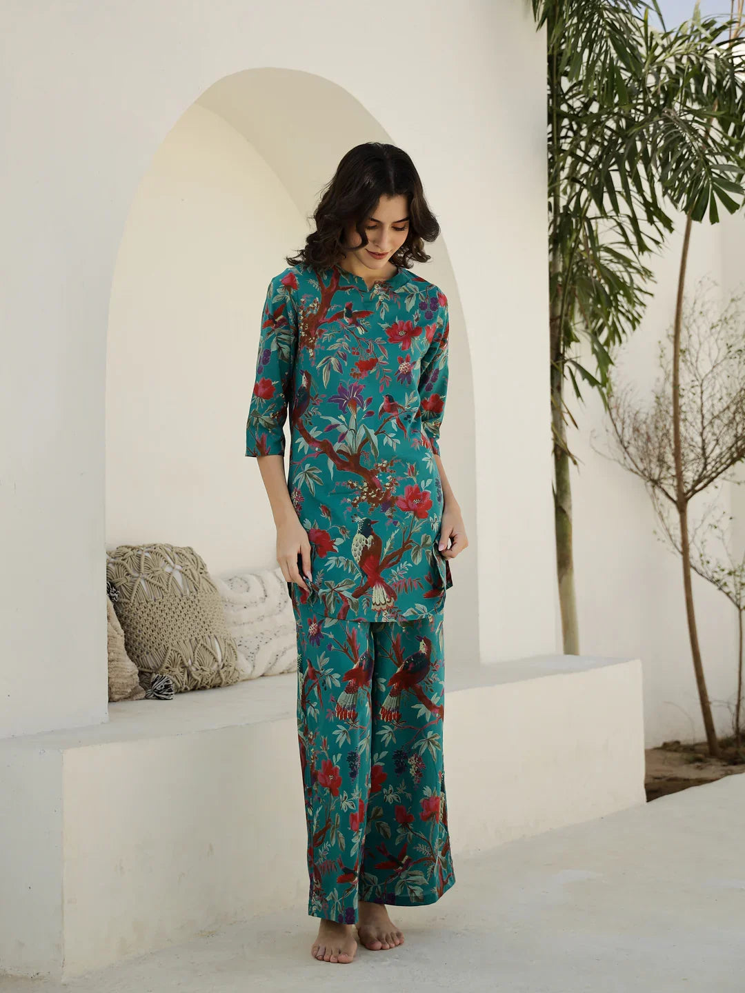 Green Floral Printed Night Suit Set - SanskrutiHomes
