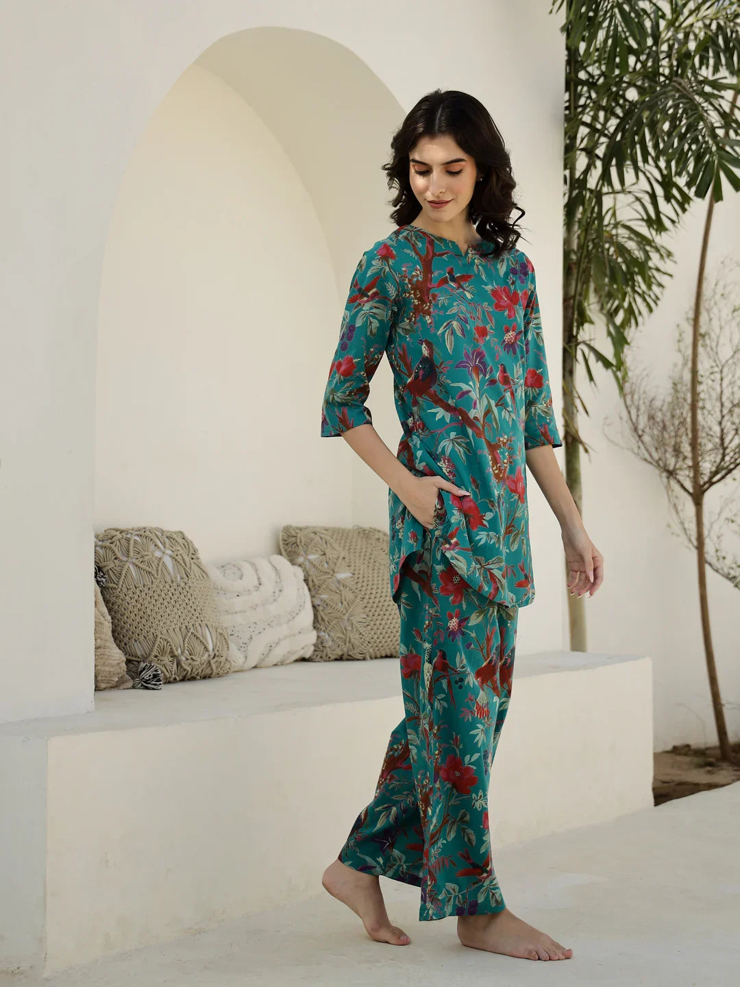 Green Floral Printed Night Suit Set - SanskrutiHomes