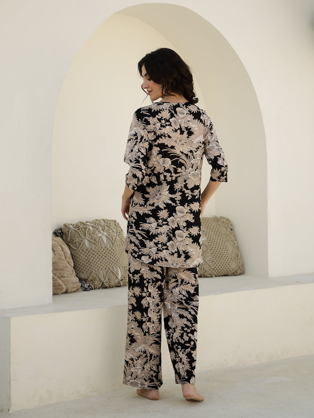 Black Flower Printed Cotton Night Suit