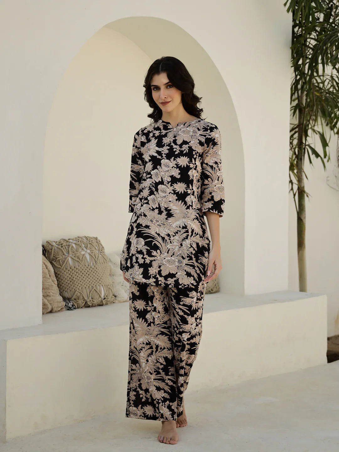 Black Flower Printed Cotton Night Suit - SanskrutiHomes