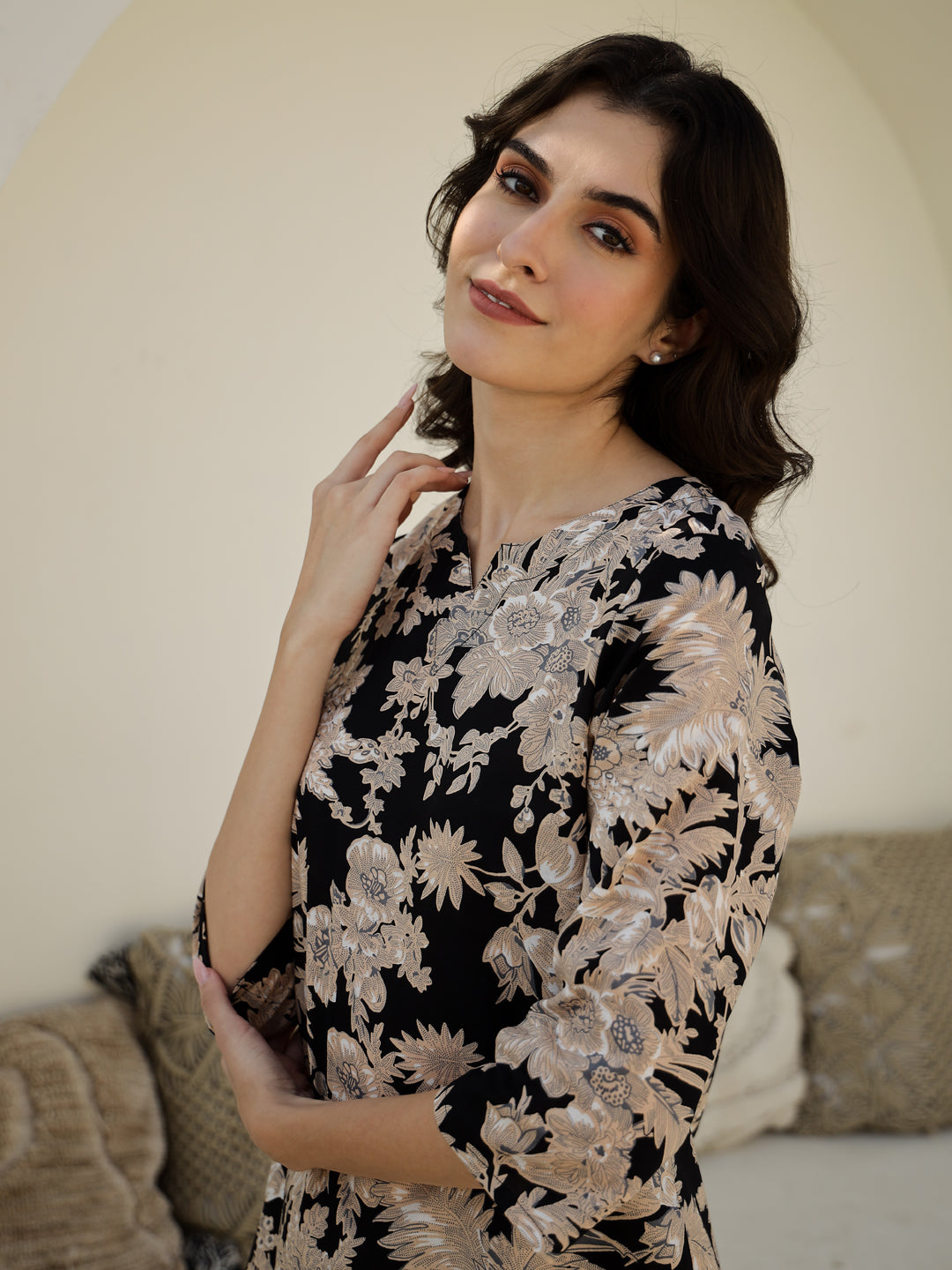 Black Flower Printed Cotton Night Suit