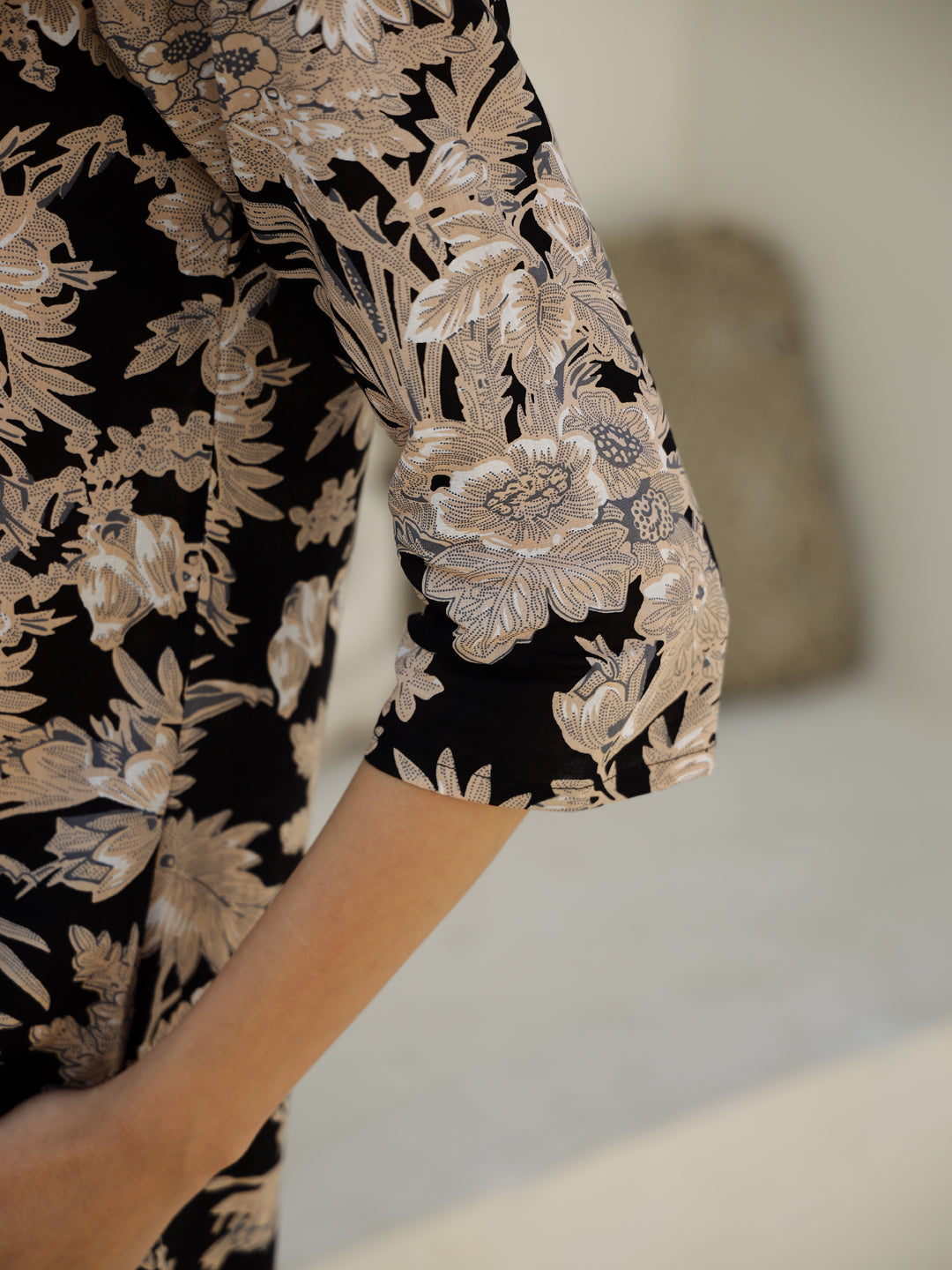 Black Flower Printed Cotton Night Suit