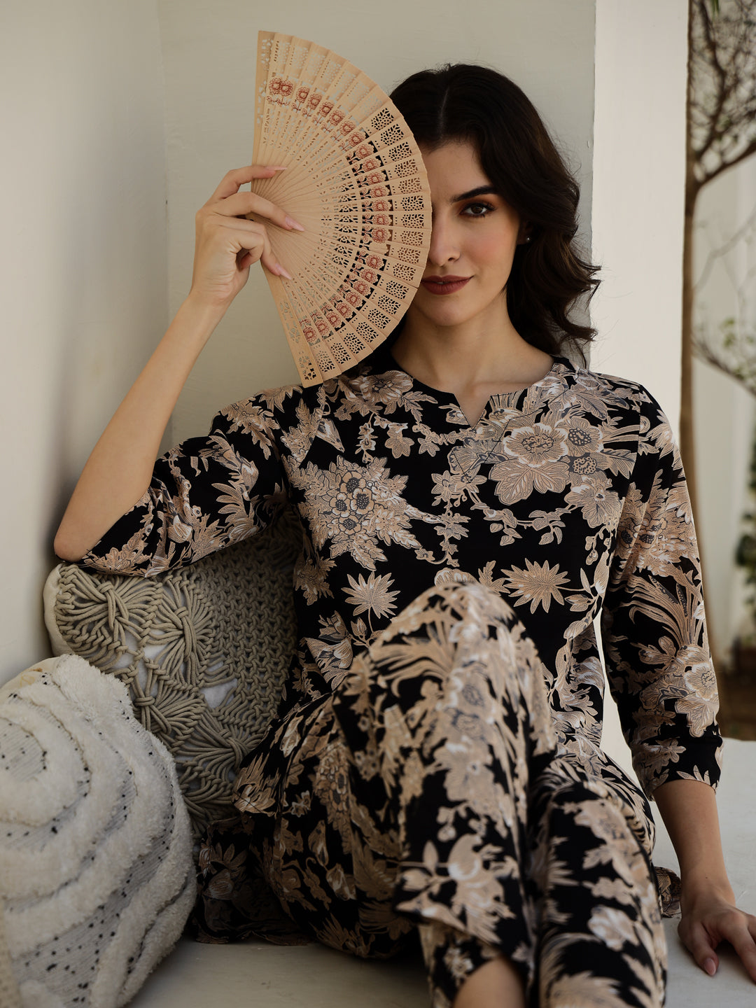 Black Flower Printed Cotton Night Suit