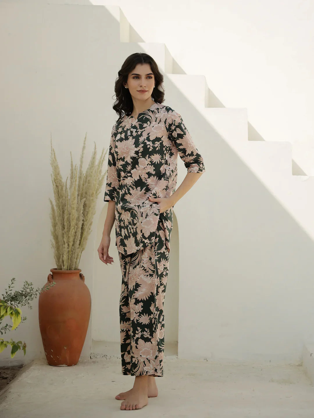 Green Color Flower Printed Night Suit - SanskrutiHomes
