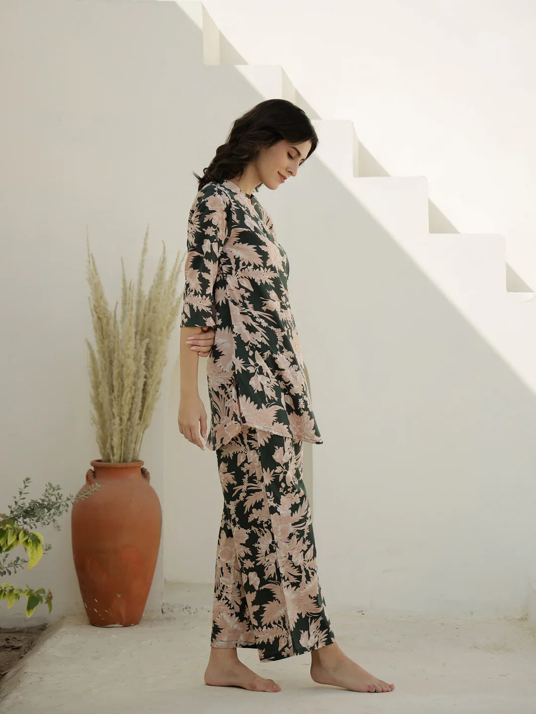 Green Color Flower Printed Night Suit - SanskrutiHomes