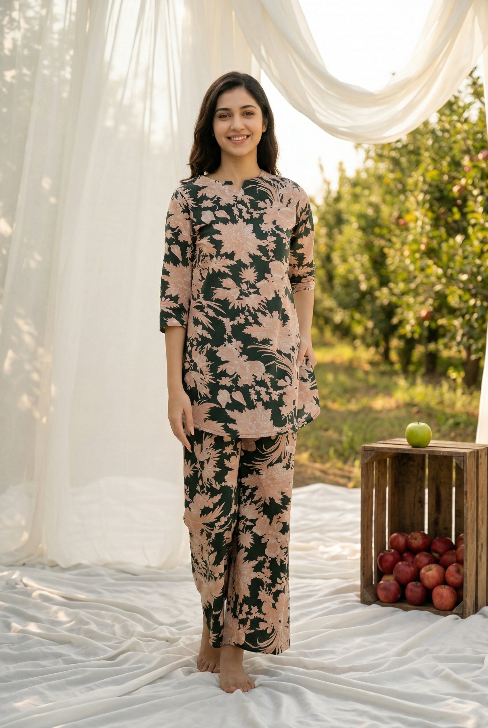 Green Floral Print Round Neck Cotton Night Suit For Women