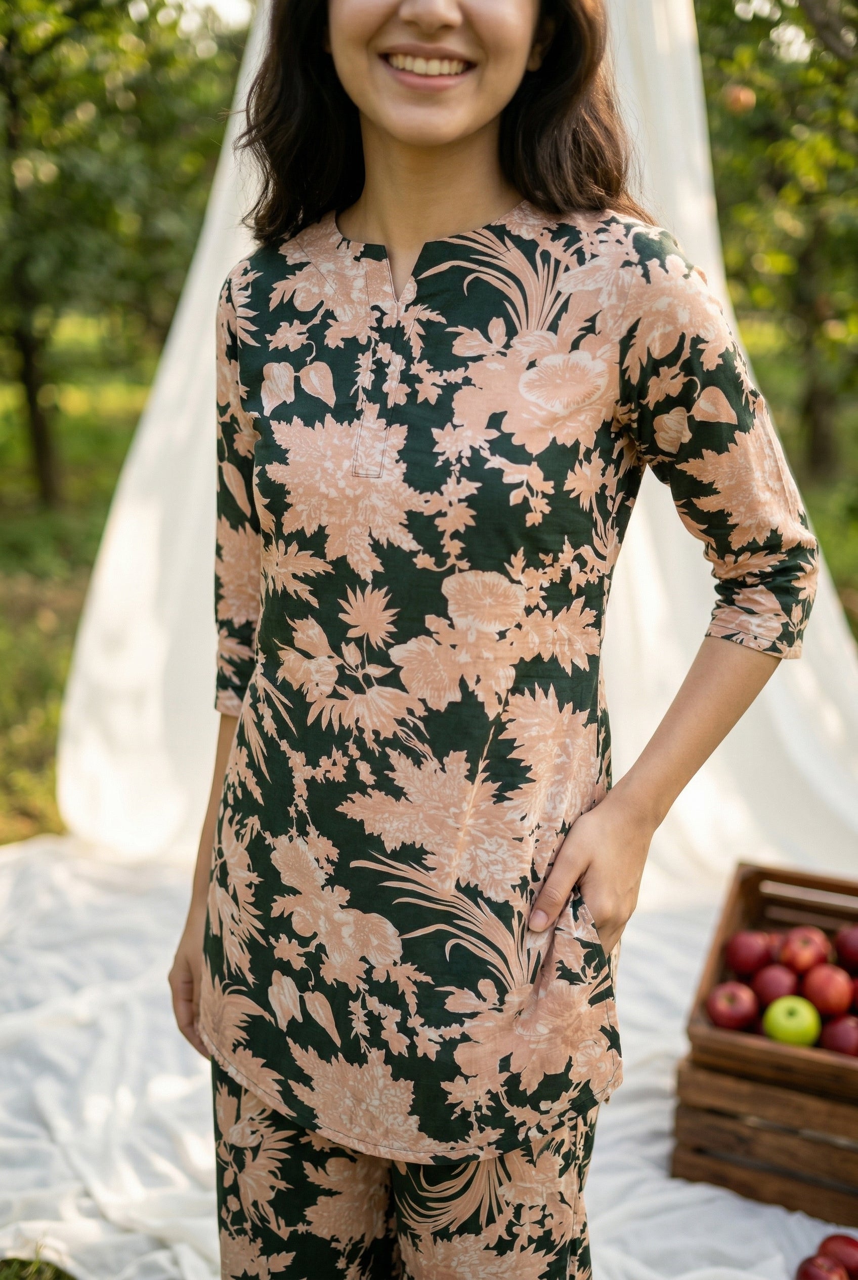 Green Floral Print Round Neck Cotton Night Suit For Women