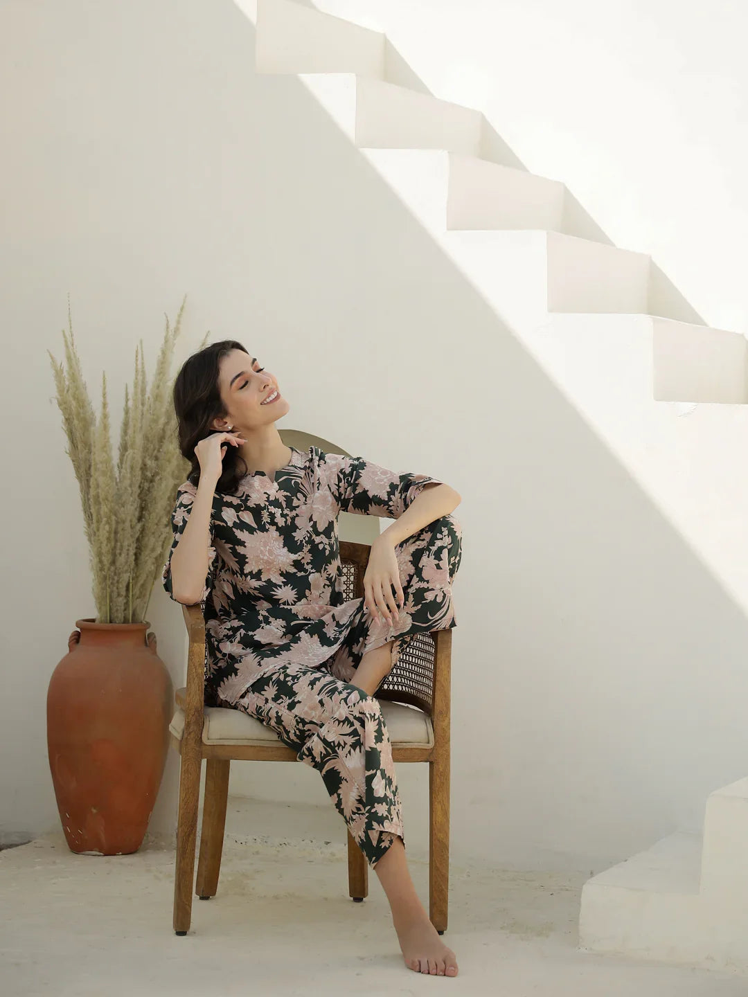 Green Color Flower Printed Night Suit - SanskrutiHomes