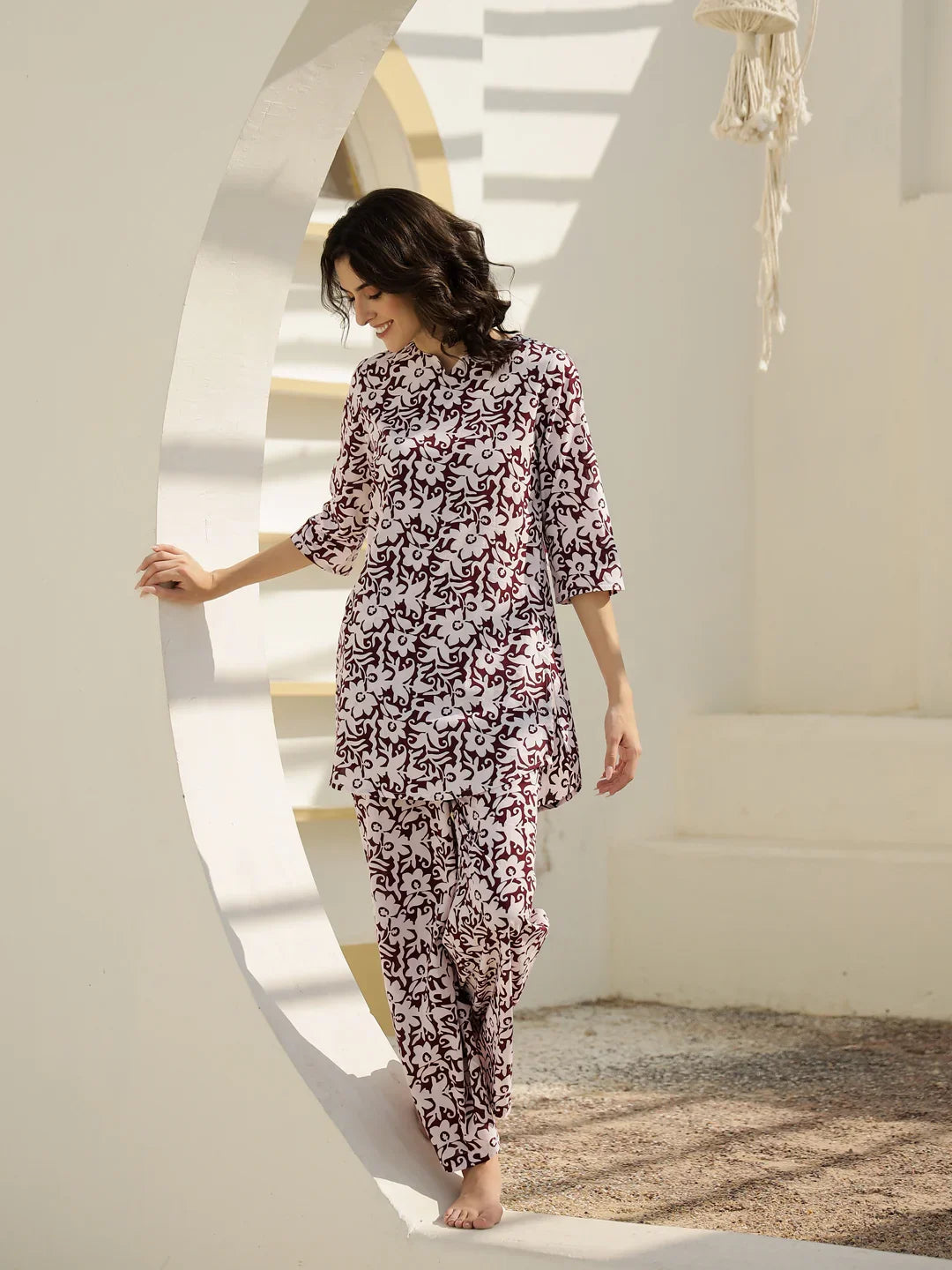 Maroon Floral Printed Cotton Night Suit - SanskrutiHomes