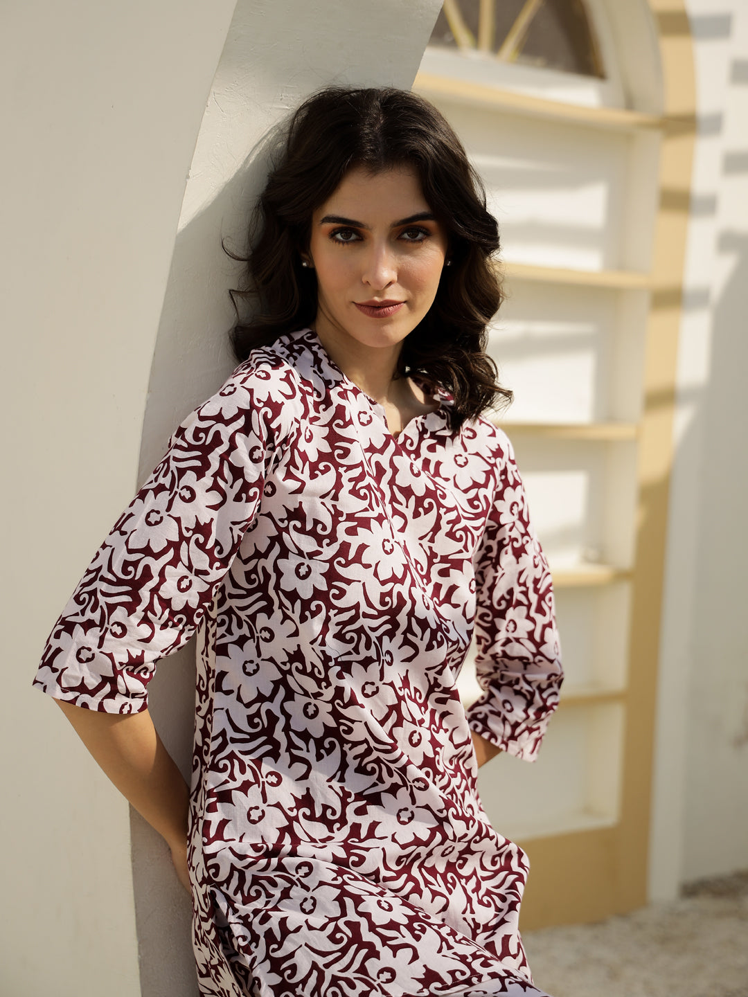 Maroon Floral Printed Cotton Night Suit