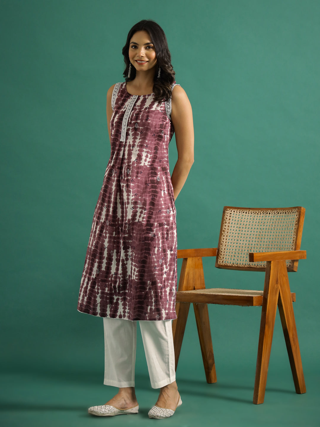 Violet Printed Cut Sleeves Kurti Set