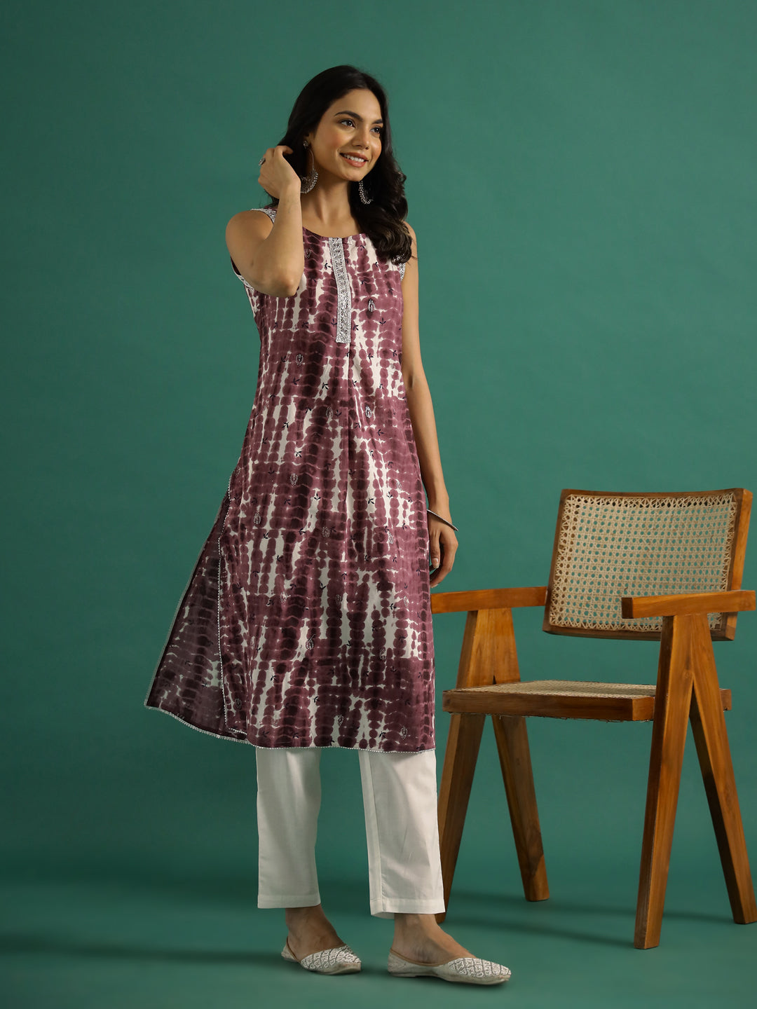 Violet Printed Cut Sleeves Kurti Set