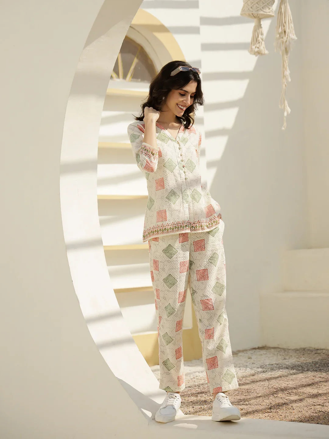 Off White Geometric Print Co-ords Set - SanskrutiHomes