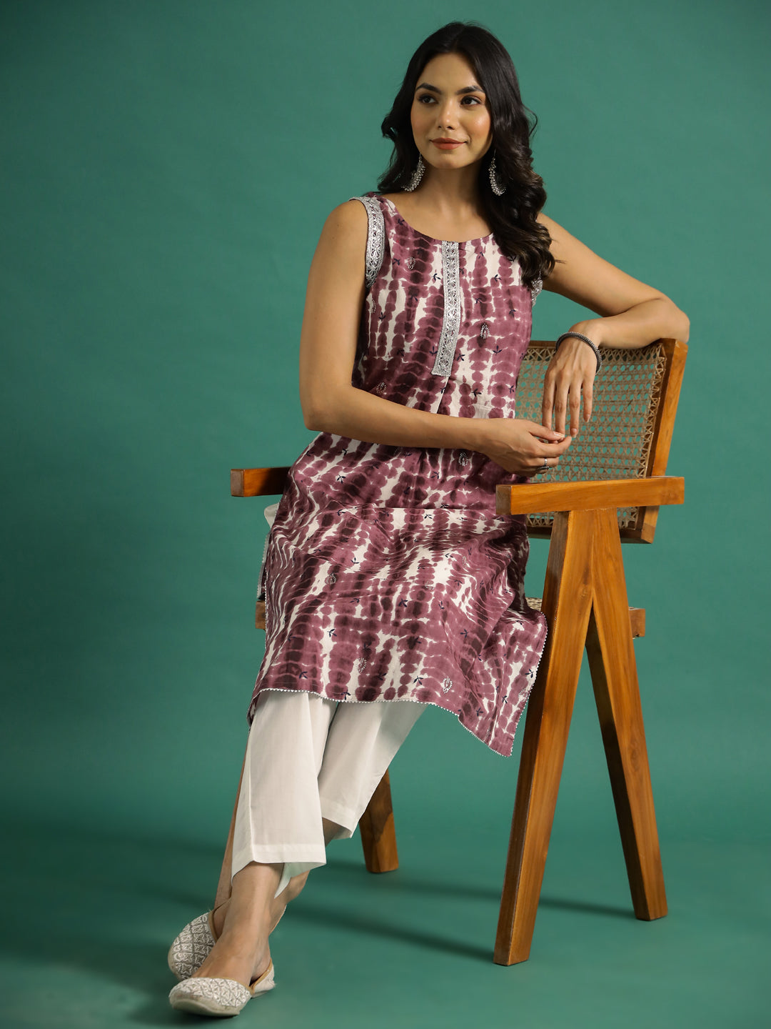 Violet Printed Cut Sleeves Kurti Set