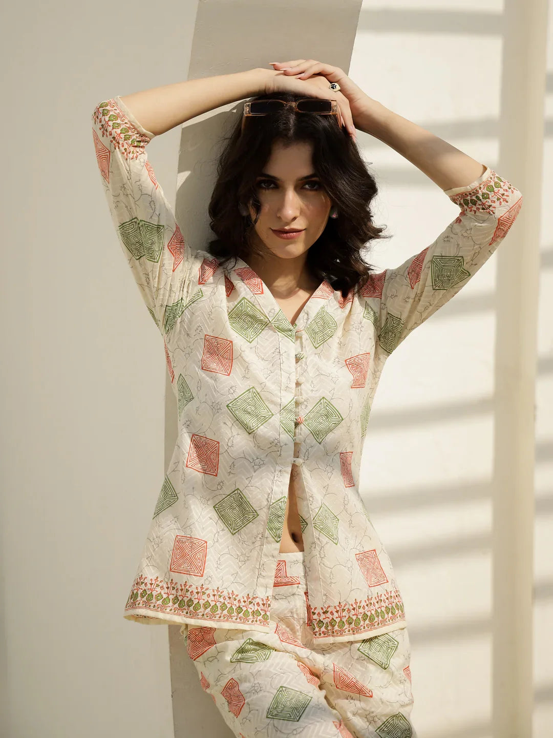 Off White Geometric Print Co-ords Set - SanskrutiHomes