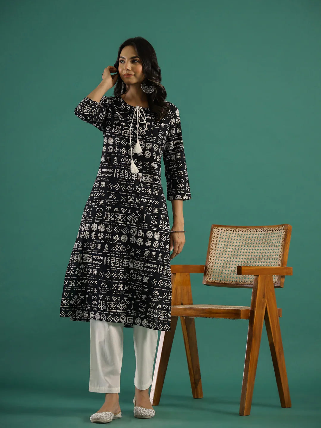 Black Tassel Printed Kurti Set - SanskrutiHomes