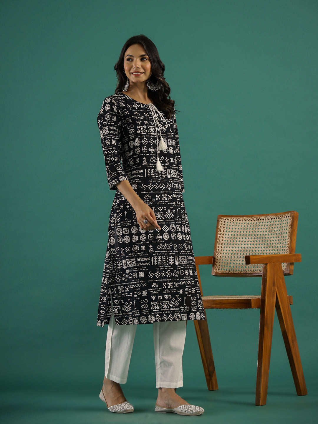 Black Tassel Printed Kurti Set - SanskrutiHomes