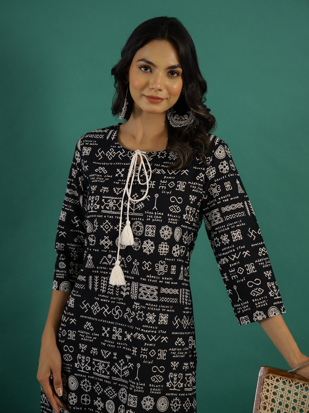 Black Tassel Printed Kurti Set