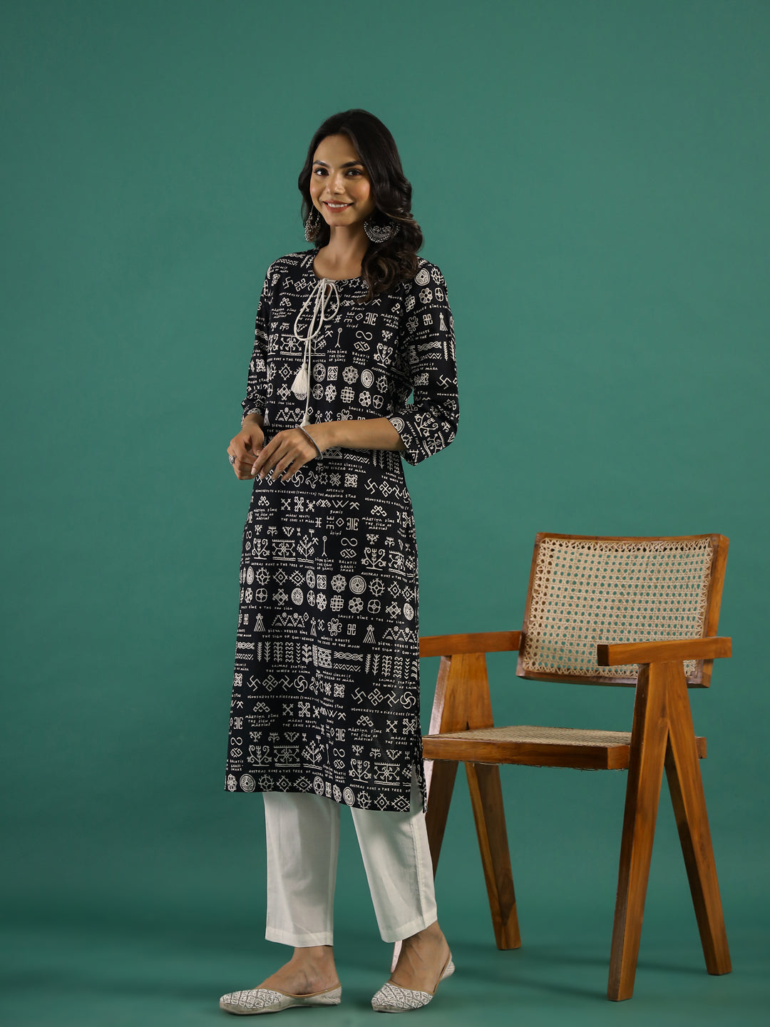 Black Tassel Printed Kurti Set