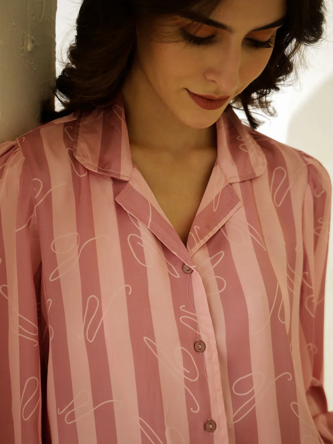 Pink Strips Printed Satin Night Suit Set - SanskrutiHomes