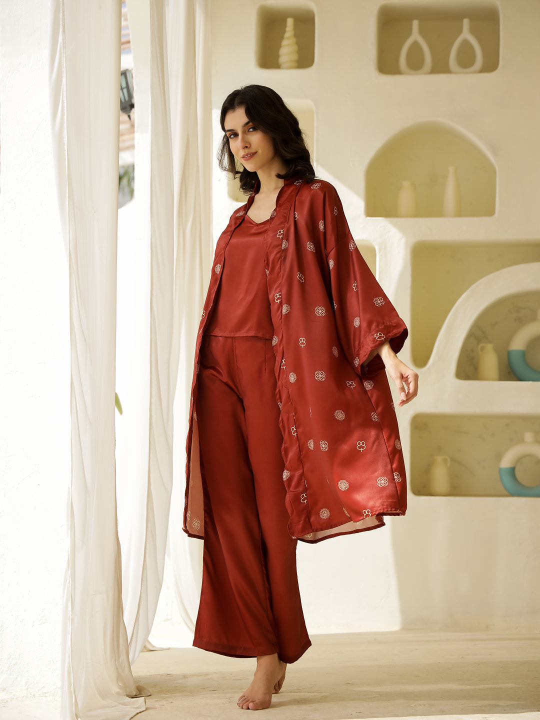 Set of 3 Satin Printed Co-ords Set for Women - SanskrutiHomes