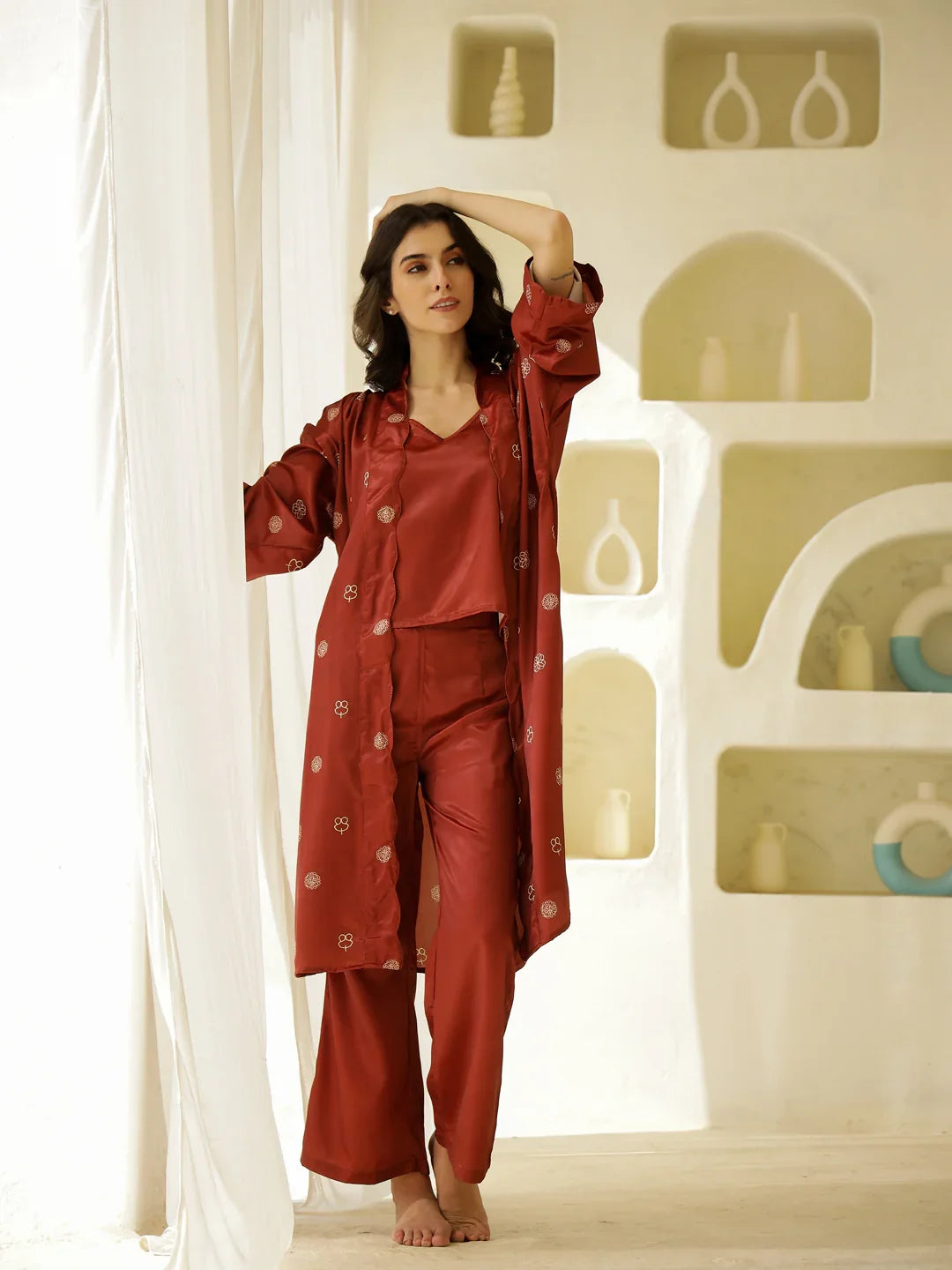 Set of 3 Satin Printed Co-ords Set for Women - SanskrutiHomes