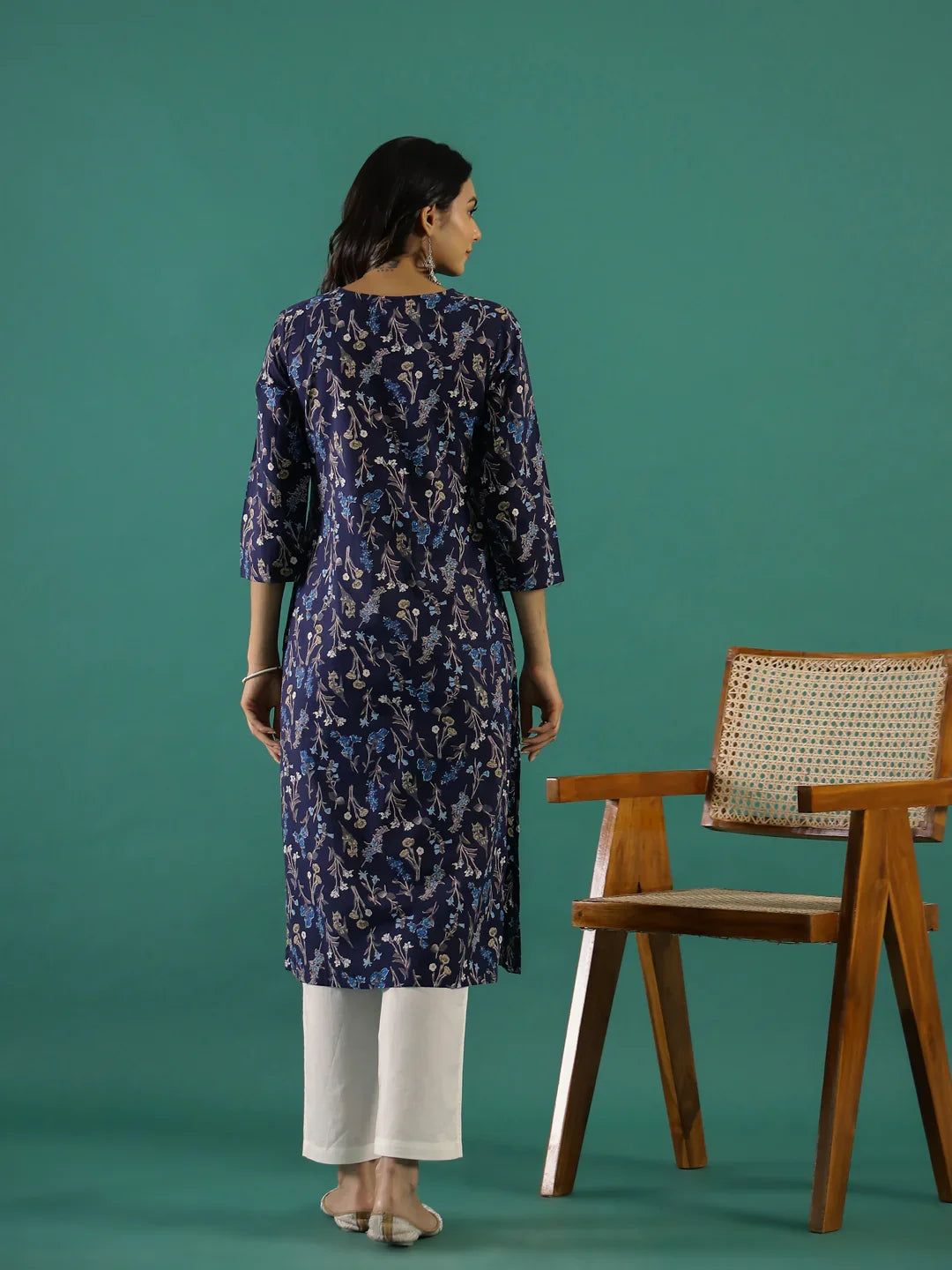 Navy Blue Floral Printed Kurta for Women - SanskrutiHomes