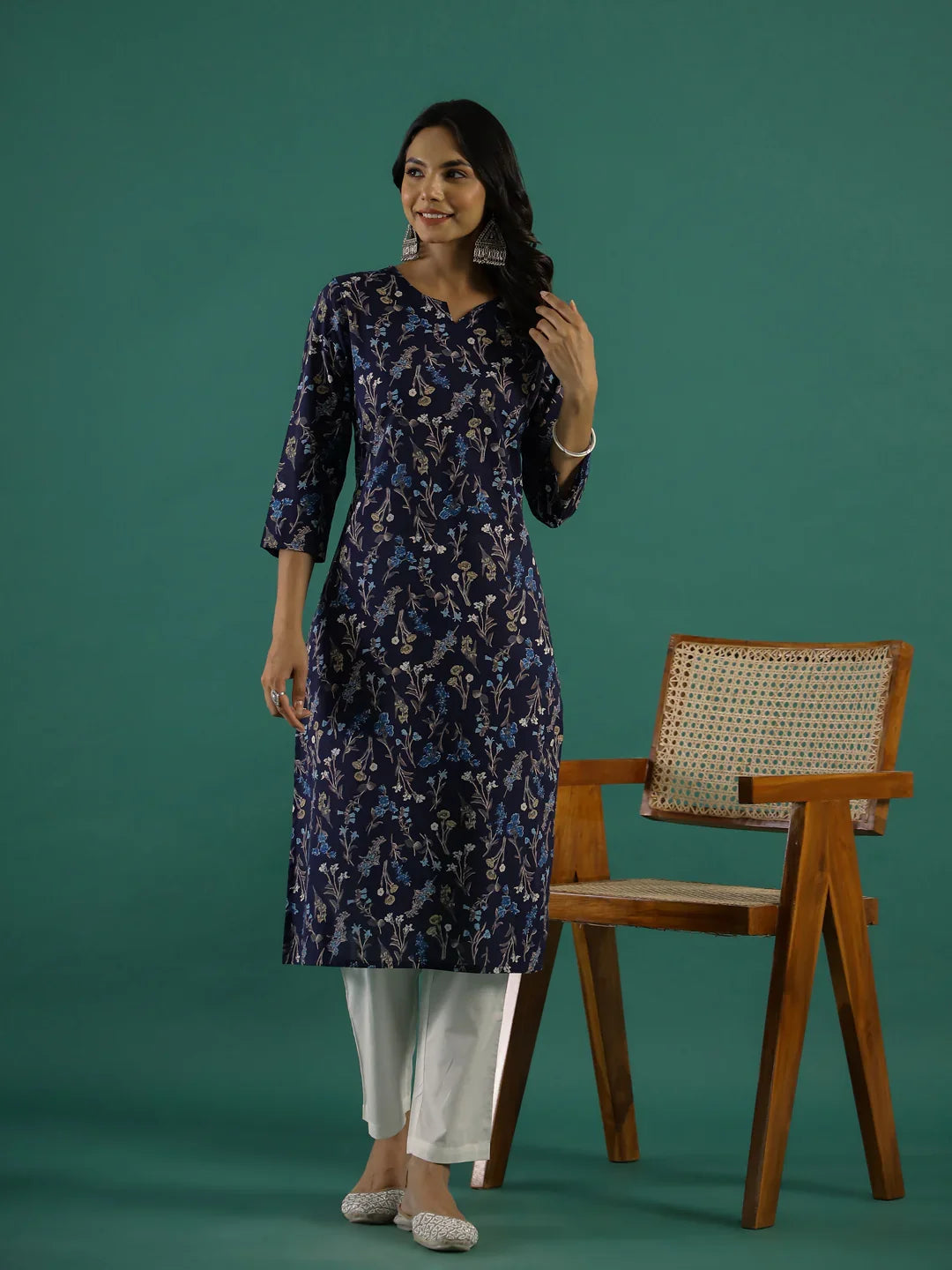 Navy Blue Printed Kurta