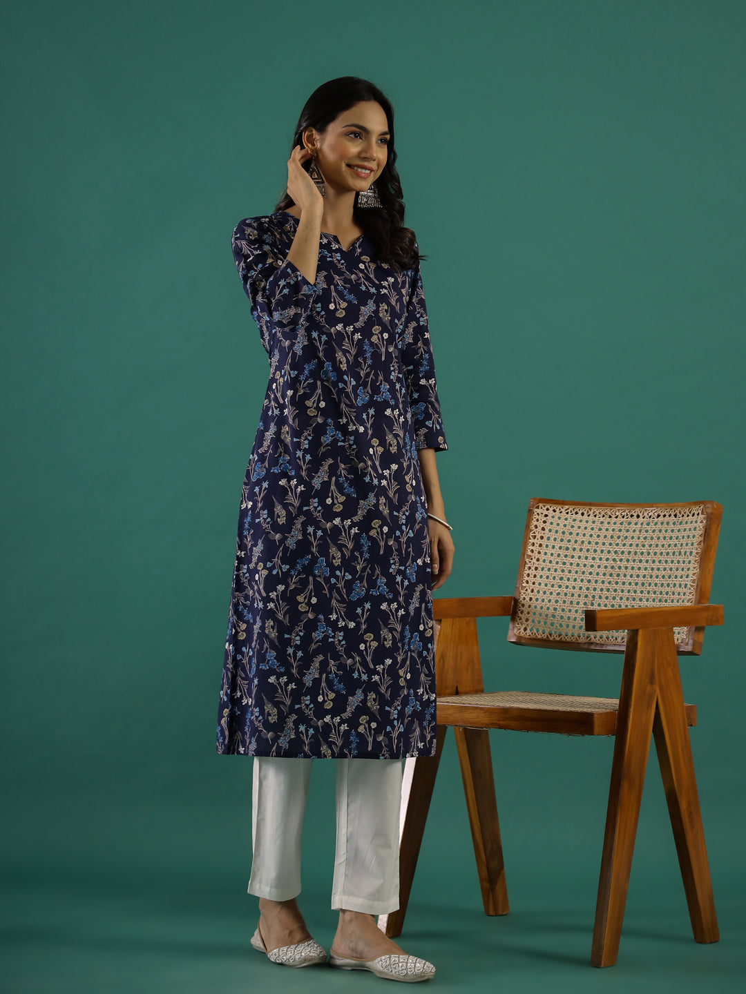 Navy Blue Printed Kurta