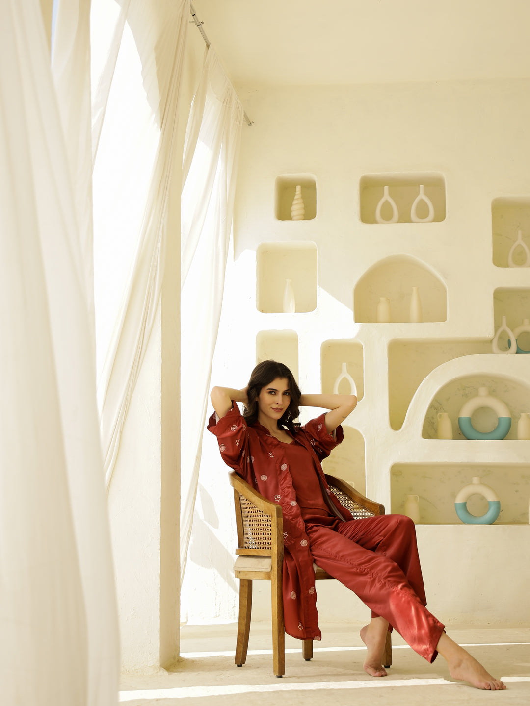 Set of 3 Satin Printed Co-ords Set for Women - SanskrutiHomes